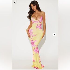 Fashion Nova Yellow and Pink Floral Maxi Dress